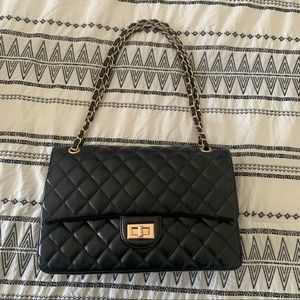 Boutique designer inspired quilted bag - black with gold chain